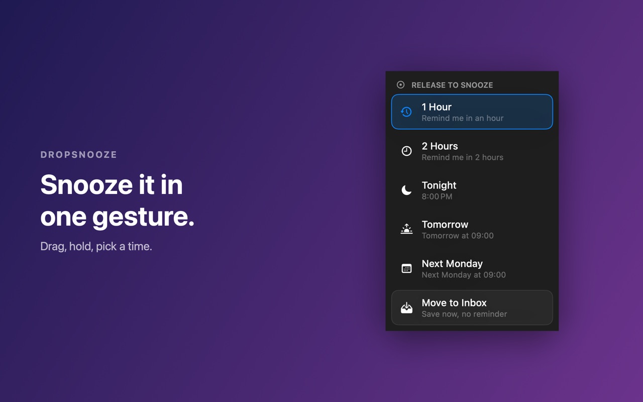 DropSnooze screenshot showing a time wheel for snoozing an item