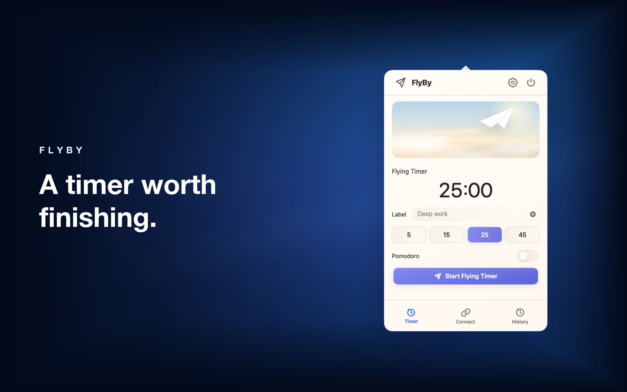 FlyBy timer with a paper plane crossing the screen