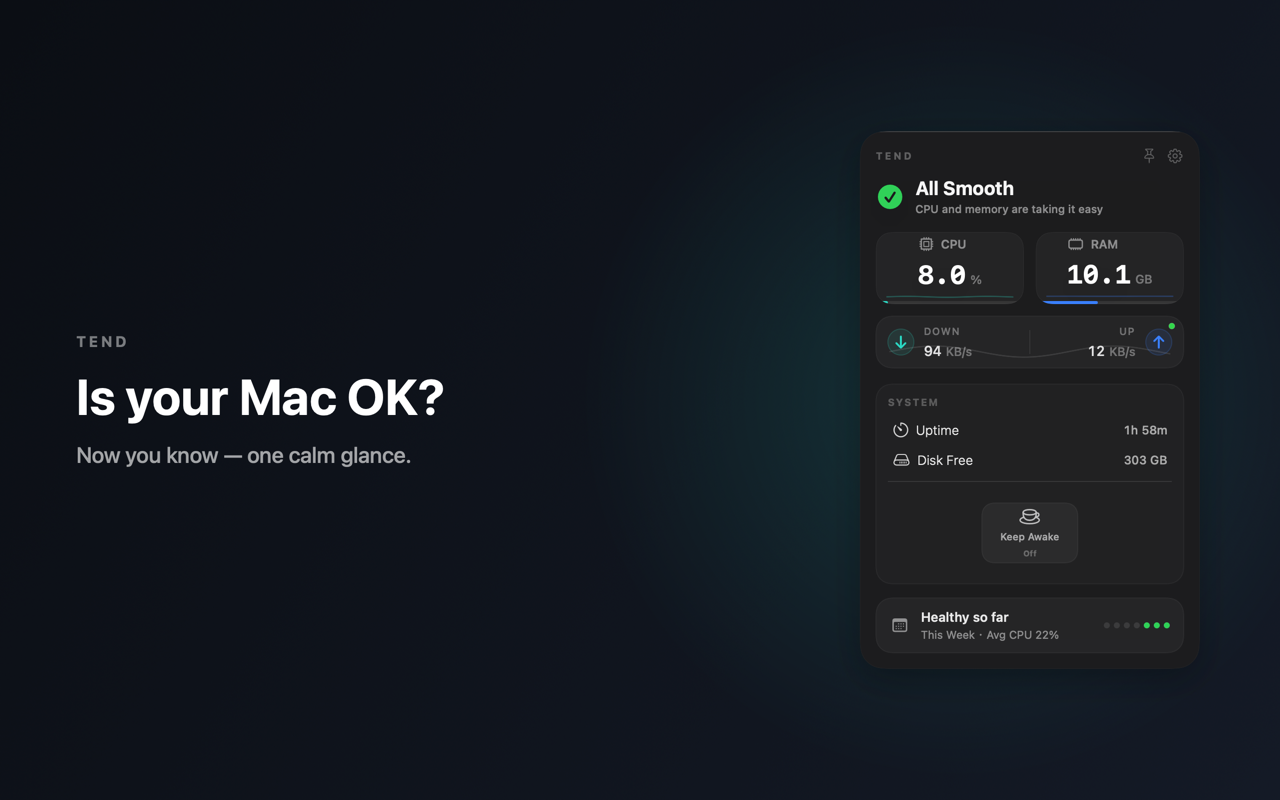 Tend app screenshot showing a calm Mac health dashboard